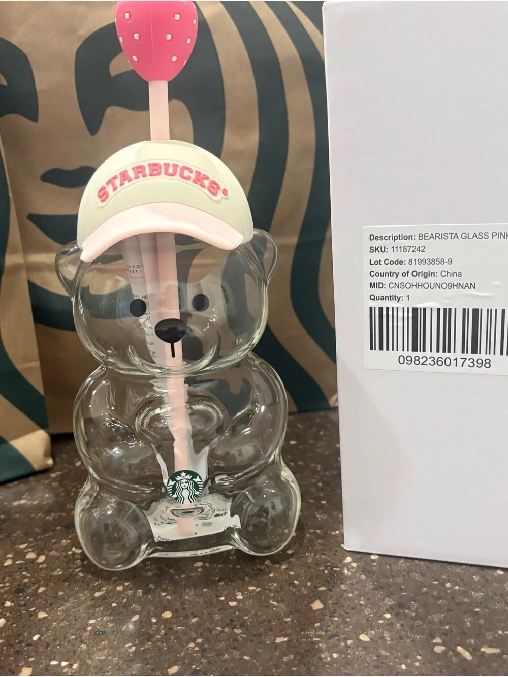 Starbucks Glass Bearista Bear Cup Strawberry Straw & Hat 20oz - Picture 8 of 9
